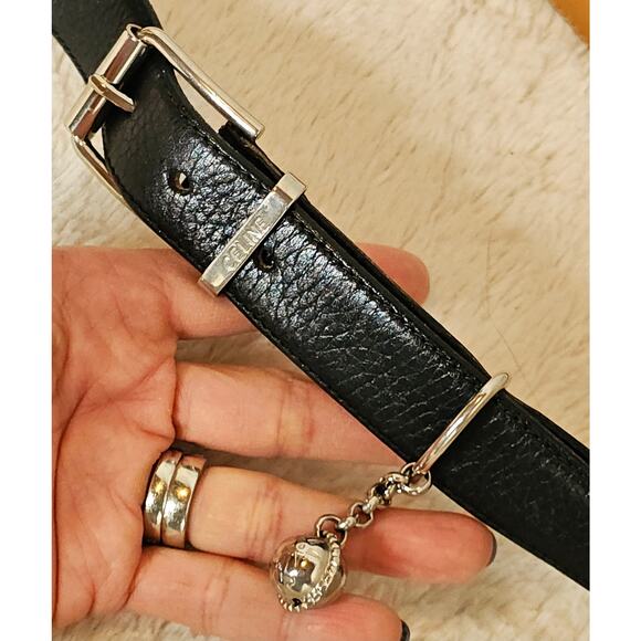 CELINE Vintage Black Leather Sz6 belt with Engraved SilverBall accents  Designer - Picture 1 of 16